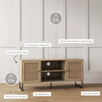 Meuble TV moderne console multimédia en bois de chêne et accents noirs avec portes de rangement