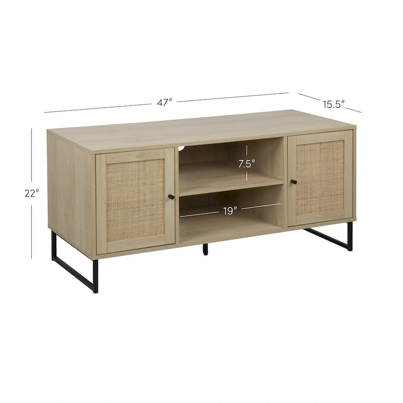 Meuble TV moderne console multimédia en bois de chêne et accents noirs avec portes de rangement