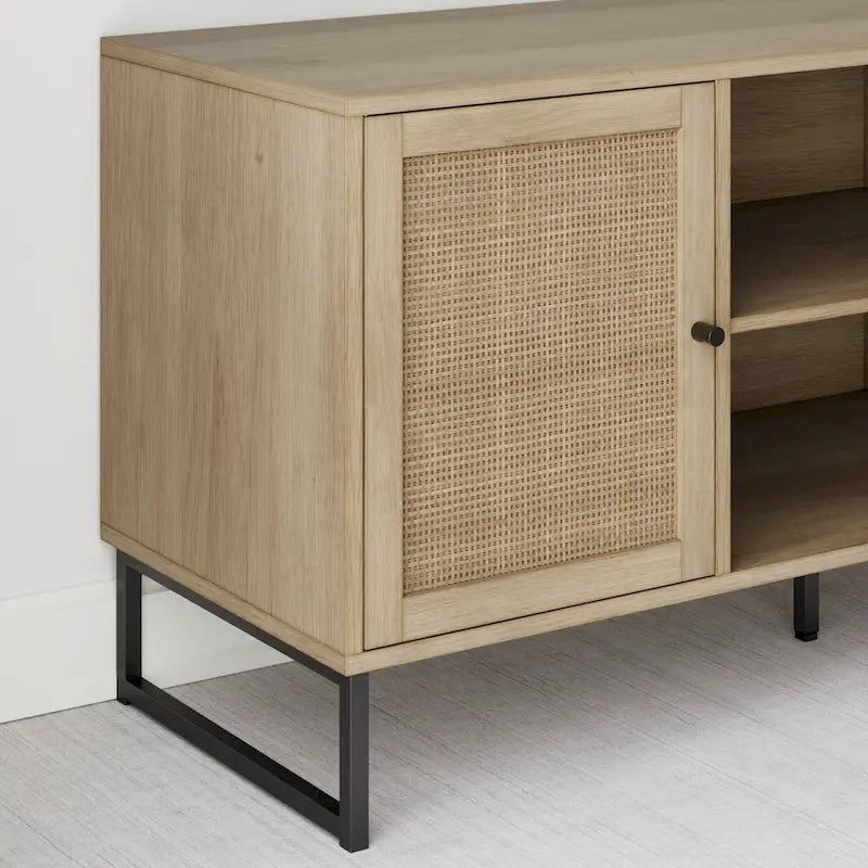 Meuble TV moderne console multimédia en bois de chêne et accents noirs avec portes de rangement