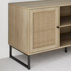 Meuble TV moderne console multimédia en bois de chêne et accents noirs avec portes de rangement