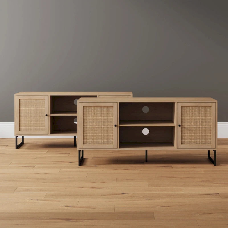 Meuble TV moderne console multimédia en bois de chêne et accents noirs avec portes de rangement