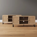Meuble TV moderne console multimédia en bois de chêne et accents noirs avec portes de rangement