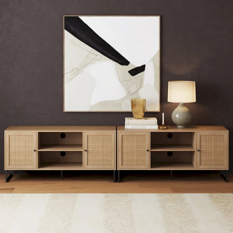 Meuble TV moderne console multimédia en bois de chêne et accents noirs avec portes de rangement