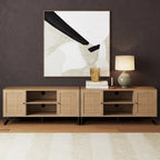 Meuble TV moderne console multimédia en bois de chêne et accents noirs avec portes de rangement