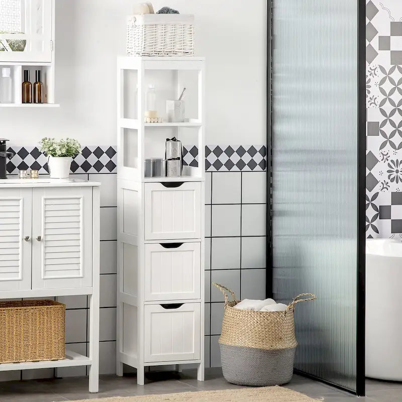 Meuble de salle de bain étroit avec 3 tiroirs et étagère à 2 niveaux, armoire haute autoportante, tour de rangement pour linge de maison, organisateur de coin mince