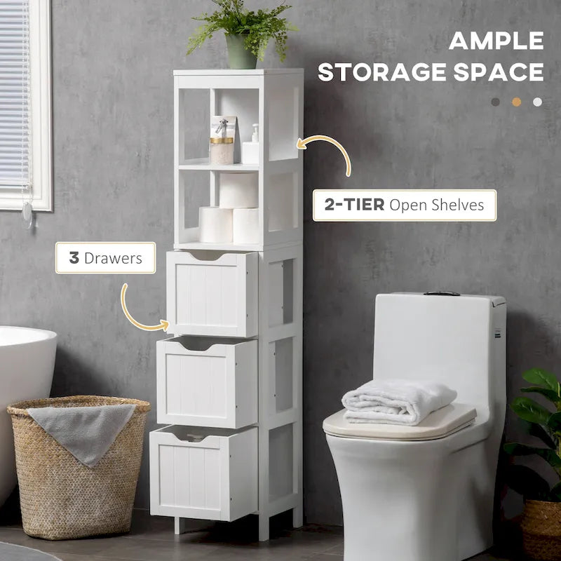 Meuble de salle de bain étroit avec 3 tiroirs et étagère à 2 niveaux, armoire haute autoportante, tour de rangement pour linge de maison, organisateur de coin mince