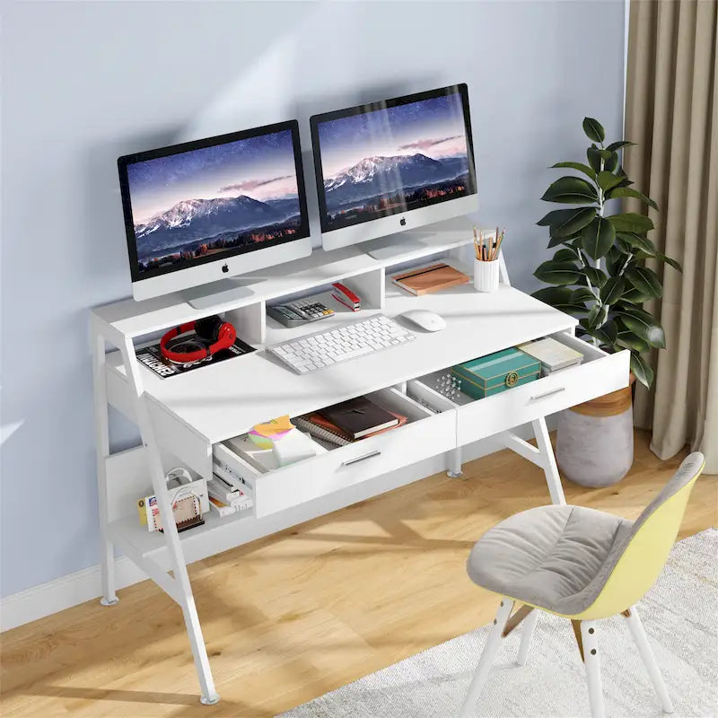 Bureau d'ordinateur avec tiroirs et étagère de rangement pour écran, bureau d'écriture avec étagères