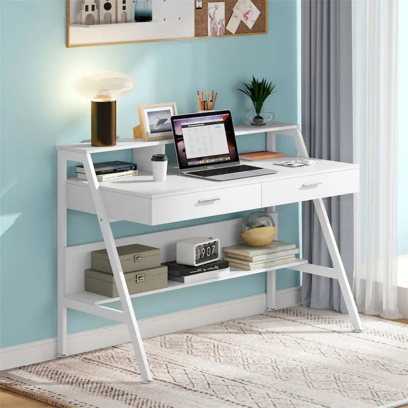 Bureau d'ordinateur avec tiroirs et étagère de rangement pour écran, bureau d'écriture avec étagères