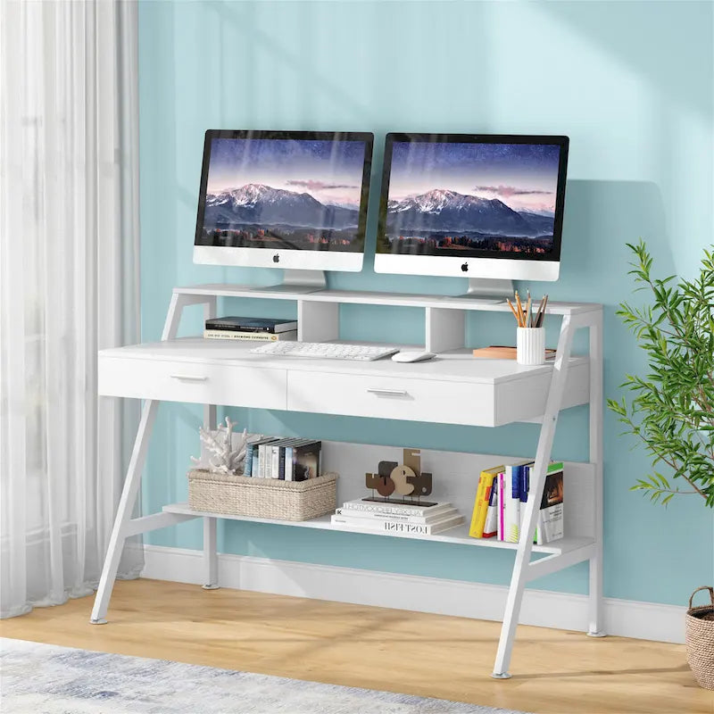 Bureau d'ordinateur avec tiroirs et étagère de rangement pour écran, bureau d'écriture avec étagères