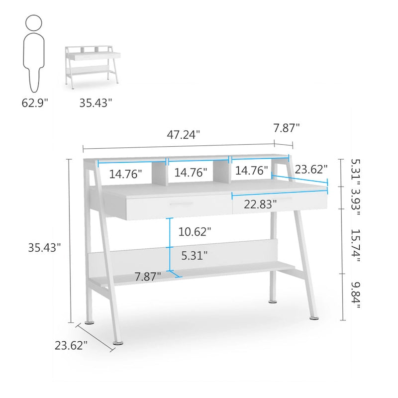 Bureau d'ordinateur avec tiroirs et étagère de rangement pour écran, bureau d'écriture avec étagères