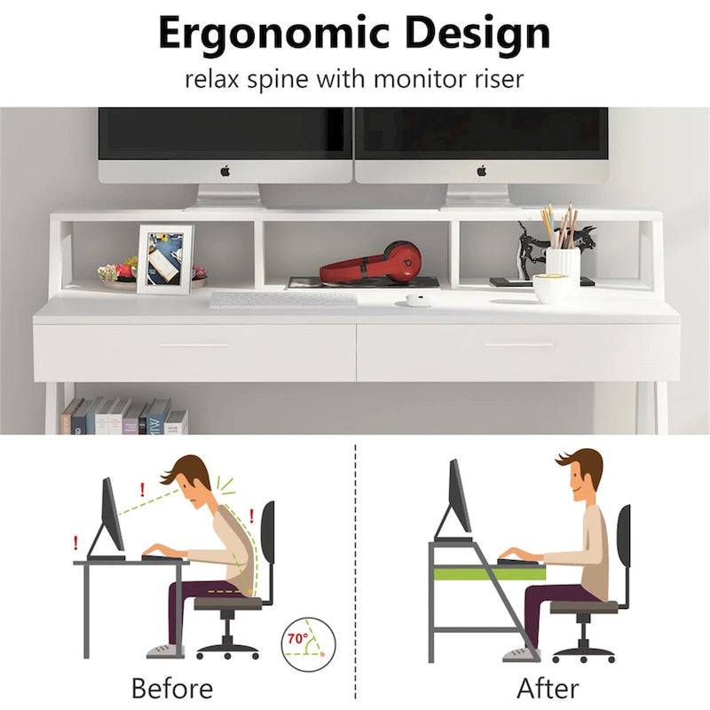 Bureau d'ordinateur avec tiroirs et étagère de rangement pour écran, bureau d'écriture avec étagères