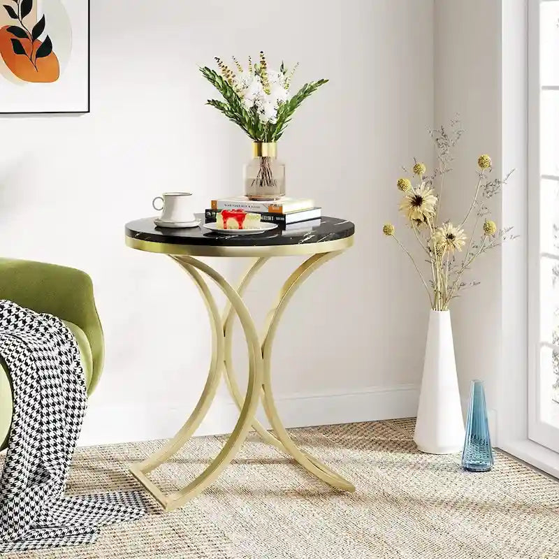 Small Modern Round Side Table End Table Nightstand with Gold Metal Frame and Faux Marble Veneer Engineered Wood for Living Room