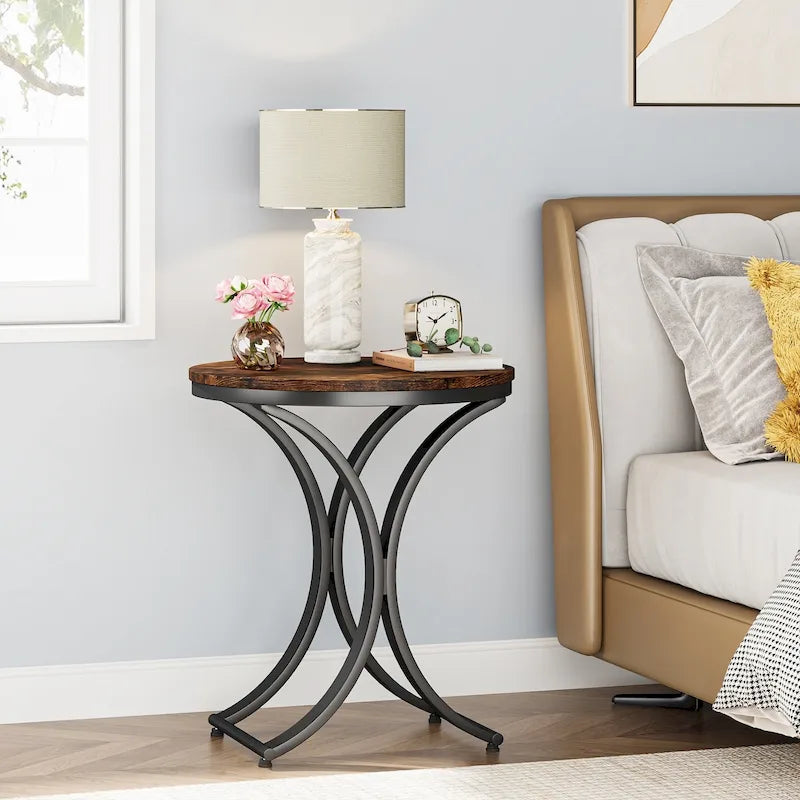 Small Modern Round Side Table End Table Nightstand with Gold Metal Frame and Faux Marble Veneer Engineered Wood for Living Room