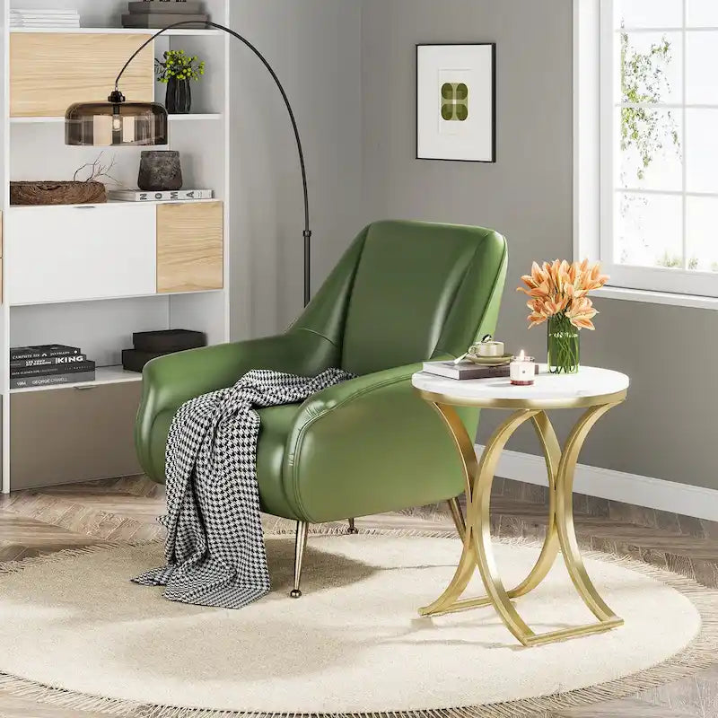 Petite table d'appoint ronde moderne avec cadre en métal doré et placage en faux marbre, en bois composite, pour le salon