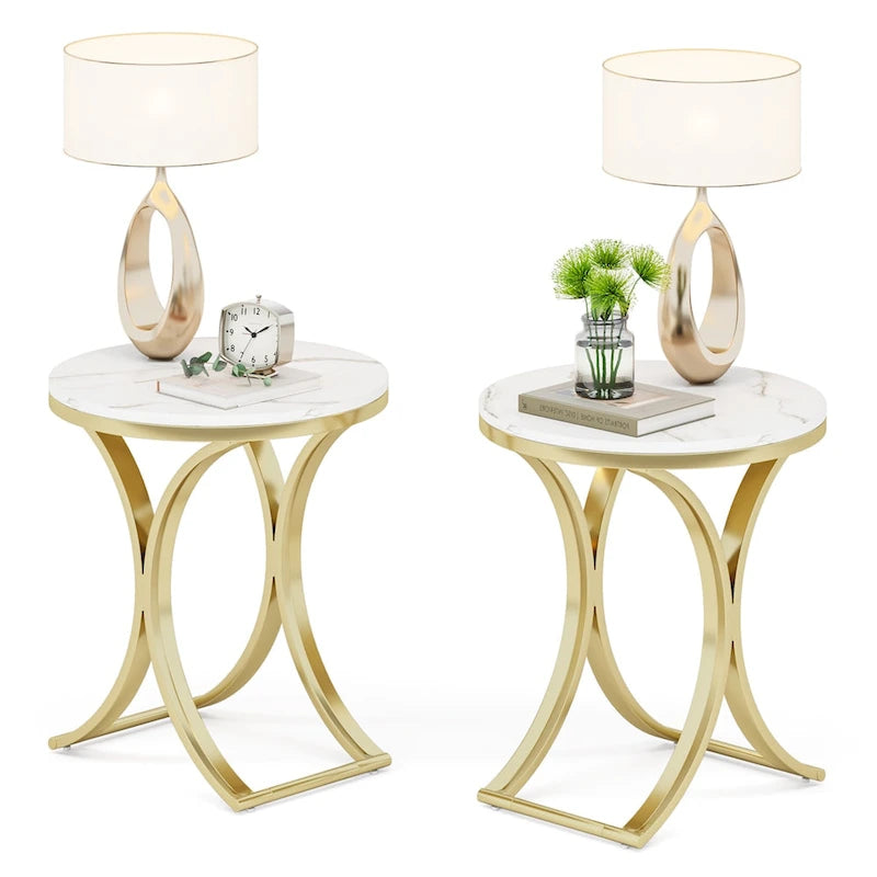 Petite table d'appoint ronde moderne avec cadre en métal doré et placage en faux marbre, en bois composite, pour le salon