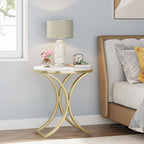 Petite table d'appoint ronde moderne avec cadre en métal doré et placage en faux marbre, en bois composite, pour le salon