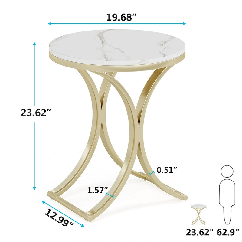Petite table d'appoint ronde moderne avec cadre en métal doré et placage en faux marbre, en bois composite, pour le salon