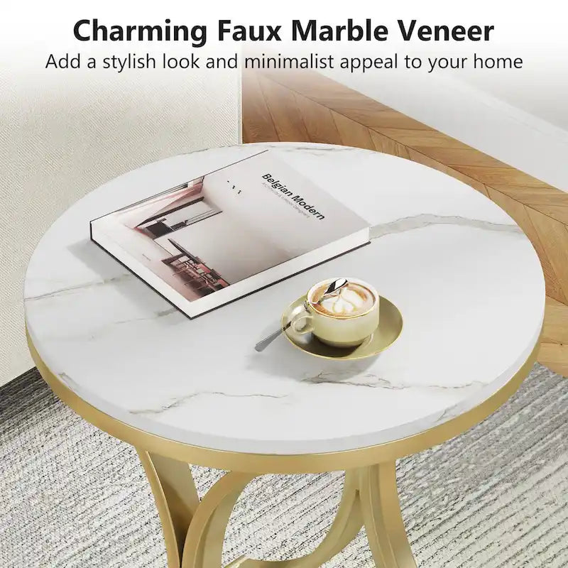 Petite table d'appoint ronde moderne avec cadre en métal doré et placage en faux marbre, en bois composite, pour le salon