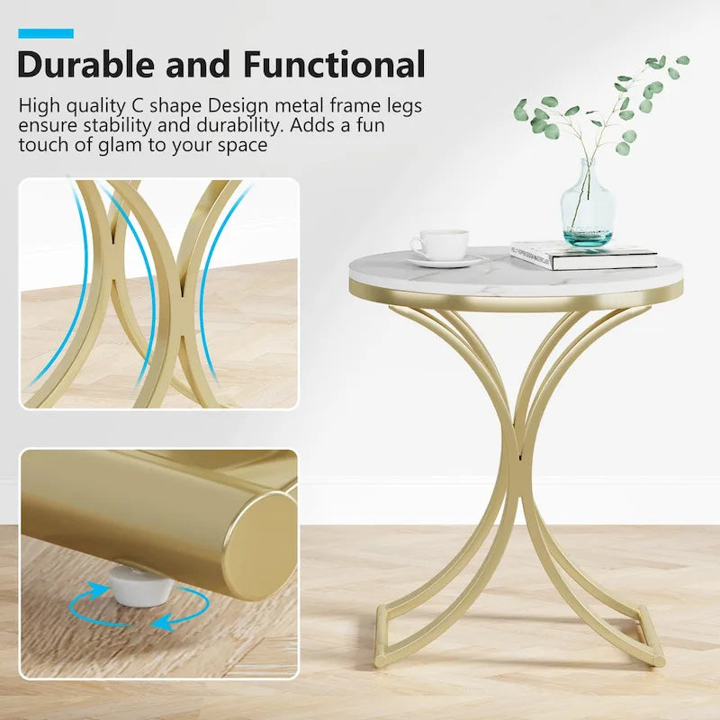 Petite table d'appoint ronde moderne avec cadre en métal doré et placage en faux marbre, en bois composite, pour le salon