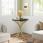 Petite table d'appoint ronde moderne avec cadre en métal doré et placage en faux marbre, en bois composite, pour le salon