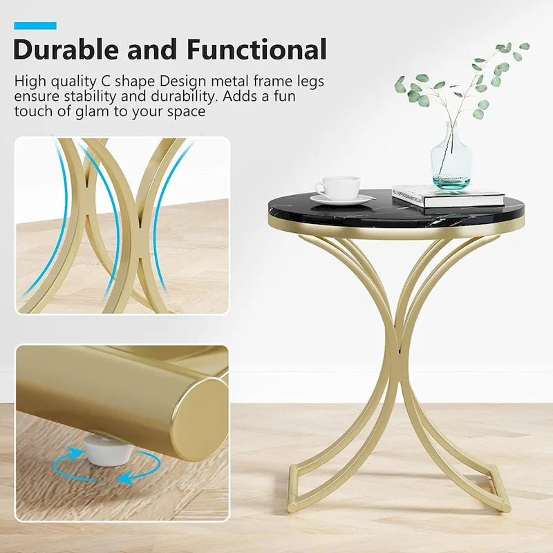 Petite table d'appoint ronde moderne avec cadre en métal doré et placage en faux marbre, en bois composite, pour le salon