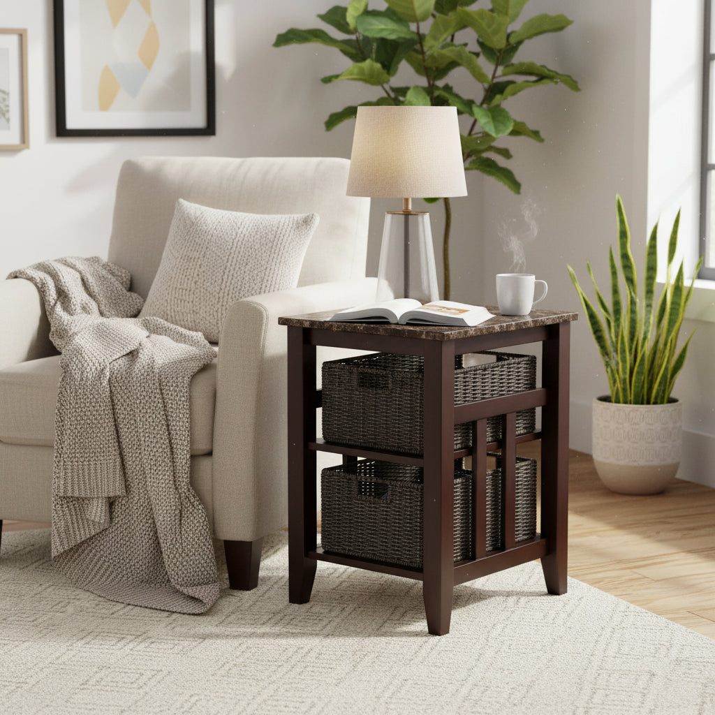 Zoey Accent Table with 2 Foldable Corn Husk Baskets, Faux Marble Top, Chocolate and Walnut - 16.54 x 20.08 x 25.04 inches