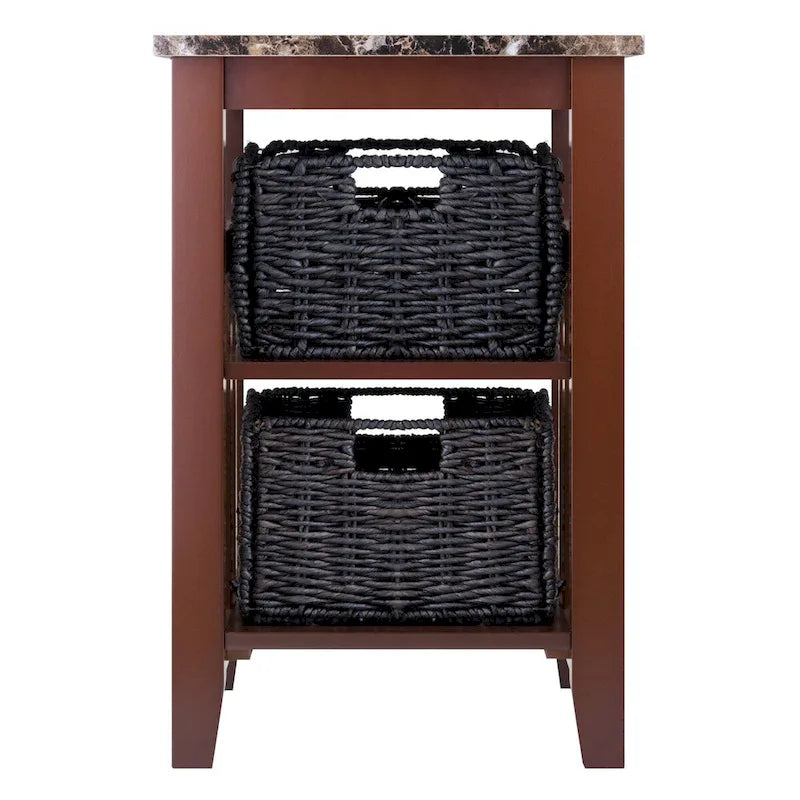 Accent Table with 2 Foldable Corn Husk Baskets, Faux Marble Top, Chocolate and Walnut - 16.54 x 20.08 x 25.04 inches