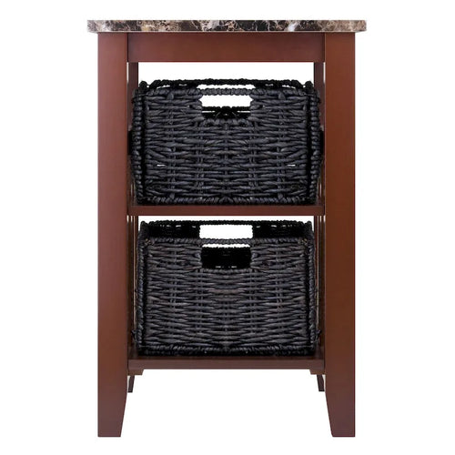 Table d'appoint avec 2 paniers pliables en spathe de maïs, plateau en faux marbre, chocolat et noyer - 16,54 x 20,08 x 25,04 pouces