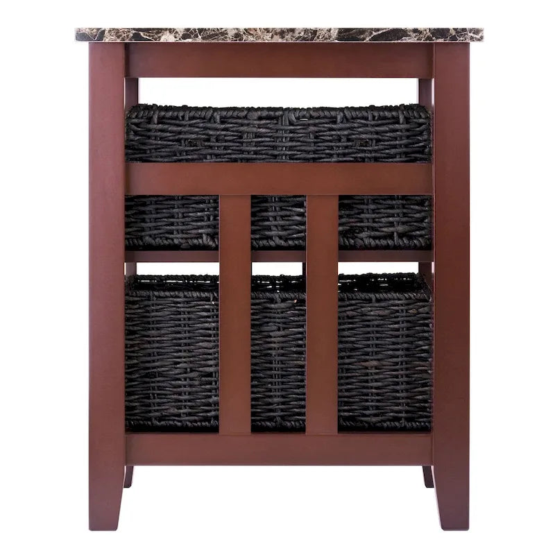 Accent Table with 2 Foldable Corn Husk Baskets, Faux Marble Top, Chocolate and Walnut - 16.54 x 20.08 x 25.04 inches