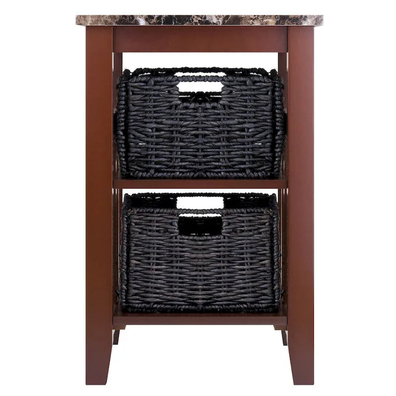 Accent Table with 2 Foldable Corn Husk Baskets, Faux Marble Top, Chocolate and Walnut - 16.54 x 20.08 x 25.04 inches
