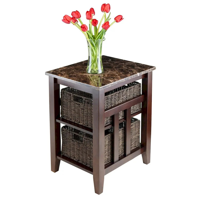 Accent Table with 2 Foldable Corn Husk Baskets, Faux Marble Top, Chocolate and Walnut - 16.54 x 20.08 x 25.04 inches