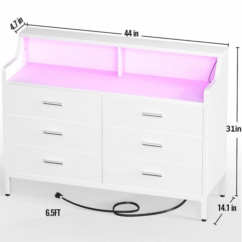 Dresser with Charge Station and LED Light, Chest of Drawers Closet Organizer with 6 Drawers