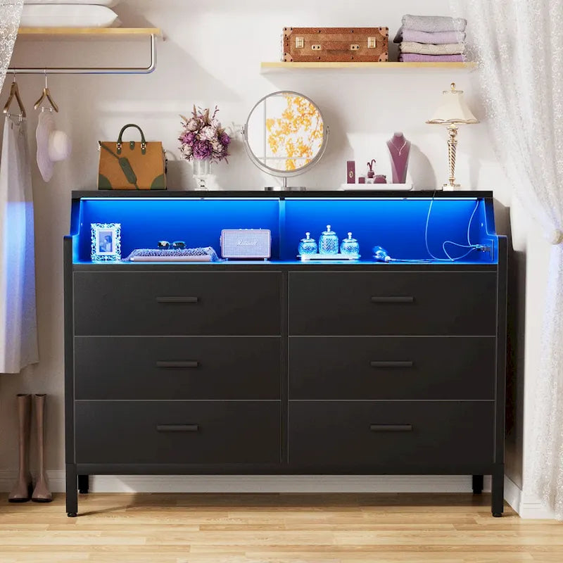 Commode avec station de charge et lumière LED, organisateur de placard avec 6 tiroirs