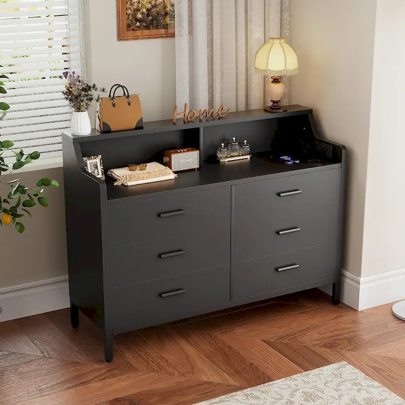 Commode avec station de charge et lumière LED, organisateur de placard avec 6 tiroirs