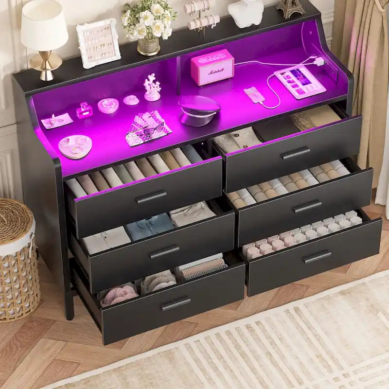 Commode avec station de charge et lumière LED, organisateur de placard avec 6 tiroirs