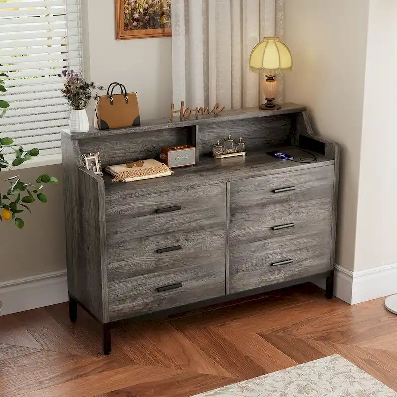 Commode avec station de charge et lumière LED, organisateur de placard avec 6 tiroirs