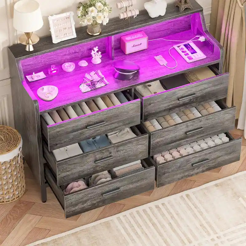 Commode avec station de charge et lumière LED, organisateur de placard avec 6 tiroirs