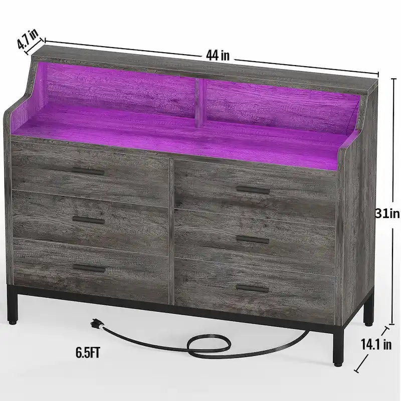 Commode avec station de charge et lumière LED, organisateur de placard avec 6 tiroirs