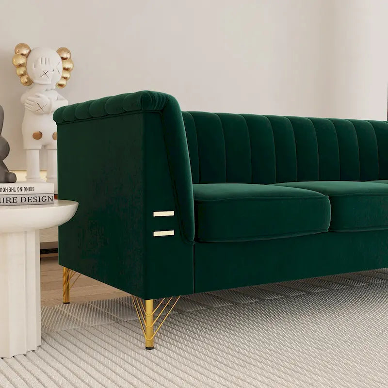 Modern Designs Velvet Upholstered Living Room Sofa, 3 Seat Sofa Couch With Golden Metal Legs with green Sofa - 83.46*31.9*30.5