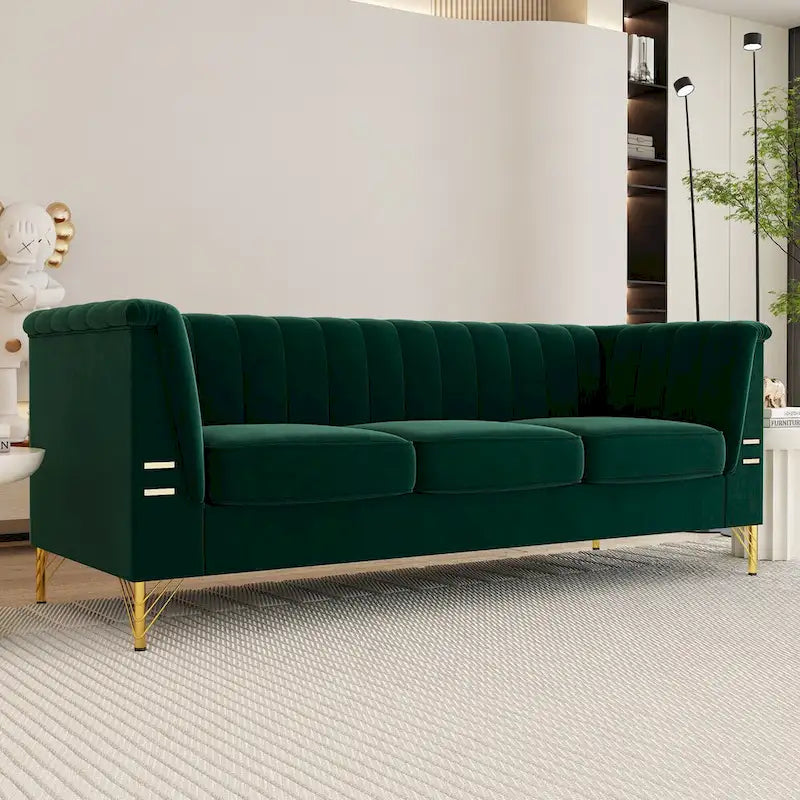 Canapé de salon moderne en velours, canapé 3 places avec pieds en métal doré et canapé vert - 83,46*31,9*30,5