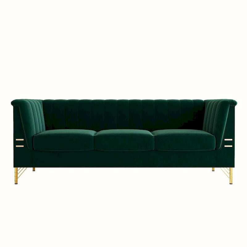Canapé de salon moderne en velours, canapé 3 places avec pieds en métal doré et canapé vert - 83,46*31,9*30,5