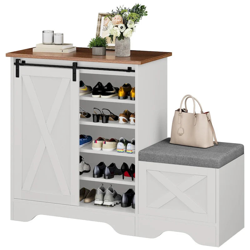 Meuble à chaussures de ferme avec porte coulissante, banc à chaussures, armoire de rangement à 5 niveaux avec étagères réglables pour 20 paires