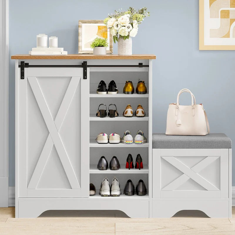 Meuble à chaussures de ferme avec porte coulissante, banc à chaussures, armoire de rangement à 5 niveaux avec étagères réglables pour 20 paires