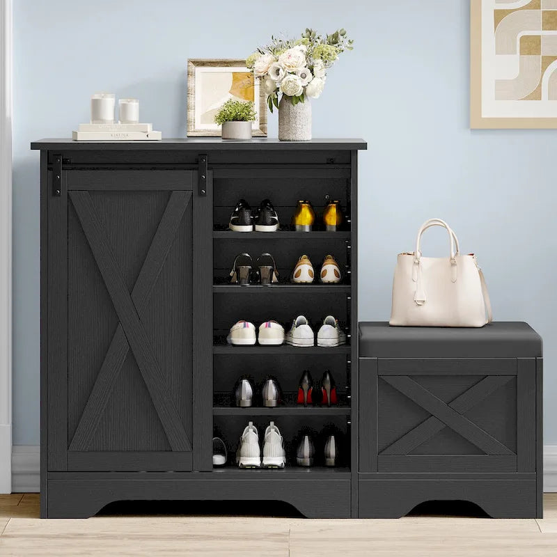 Meuble à chaussures de ferme avec porte coulissante, banc à chaussures, armoire de rangement à 5 niveaux avec étagères réglables pour 20 paires