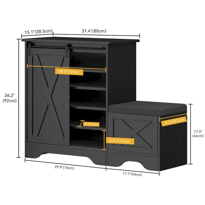 Meuble à chaussures de ferme avec porte coulissante, banc à chaussures, armoire de rangement à 5 niveaux avec étagères réglables pour 20 paires