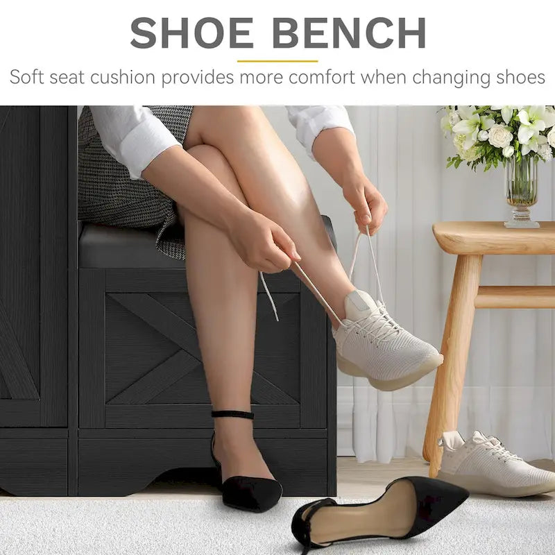 Meuble à chaussures de ferme avec porte coulissante, banc à chaussures, armoire de rangement à 5 niveaux avec étagères réglables pour 20 paires