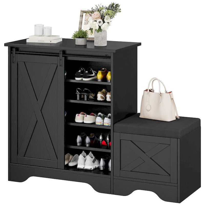 Meuble à chaussures de ferme avec porte coulissante, banc à chaussures, armoire de rangement à 5 niveaux avec étagères réglables pour 20 paires
