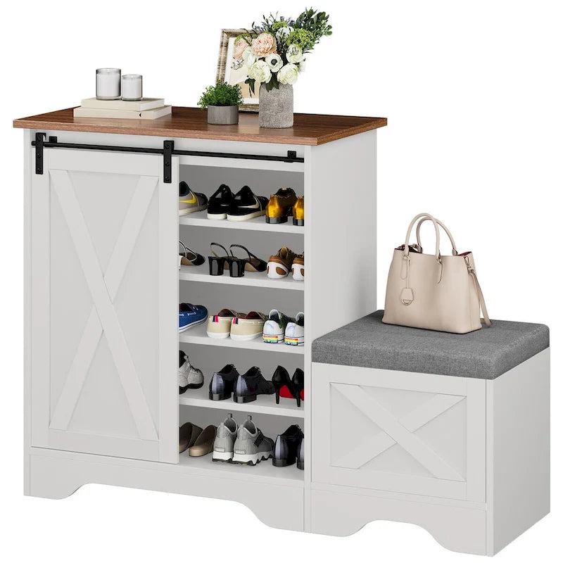 Meuble à chaussures de ferme avec porte coulissante, banc à chaussures, armoire de rangement à 5 niveaux avec étagères réglables pour 20 paires