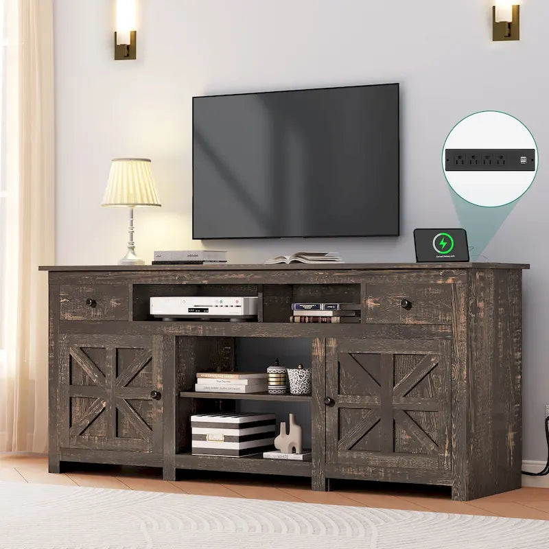 Meuble TV de ferme de 70 po, centre de divertissement avec prise de courant pour téléviseurs jusqu'à 80 po - 70L x 15.5W x 30H