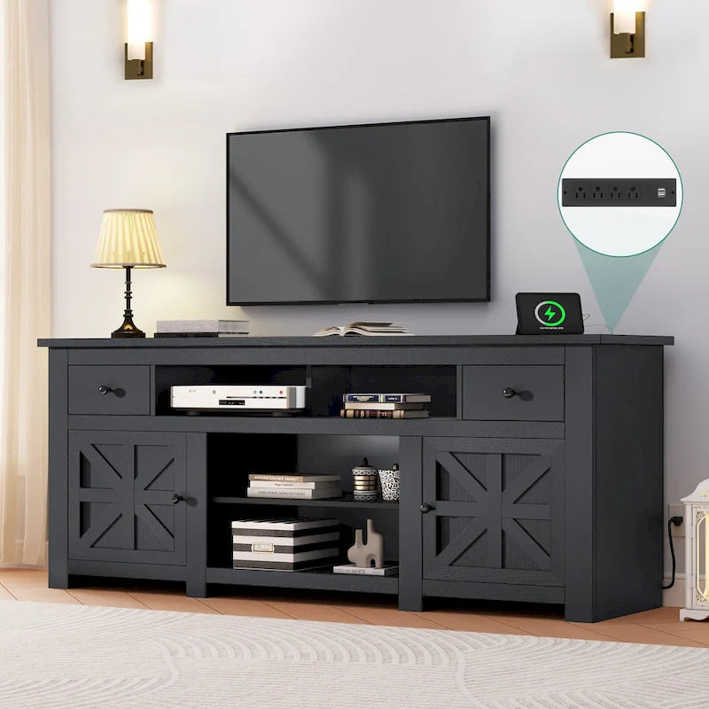 Meuble TV de ferme de 70 po, centre de divertissement avec prise de courant pour téléviseurs jusqu'à 80 po - 70L x 15.5W x 30H